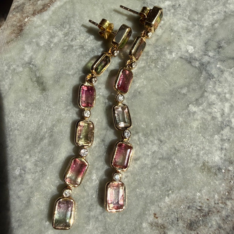 14k Yellow Gold Tourmaline & Diamond Vertical Drop Earrings