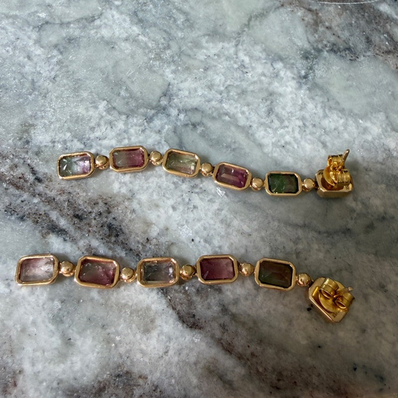 14k Yellow Gold Tourmaline & Diamond Vertical Drop Earrings