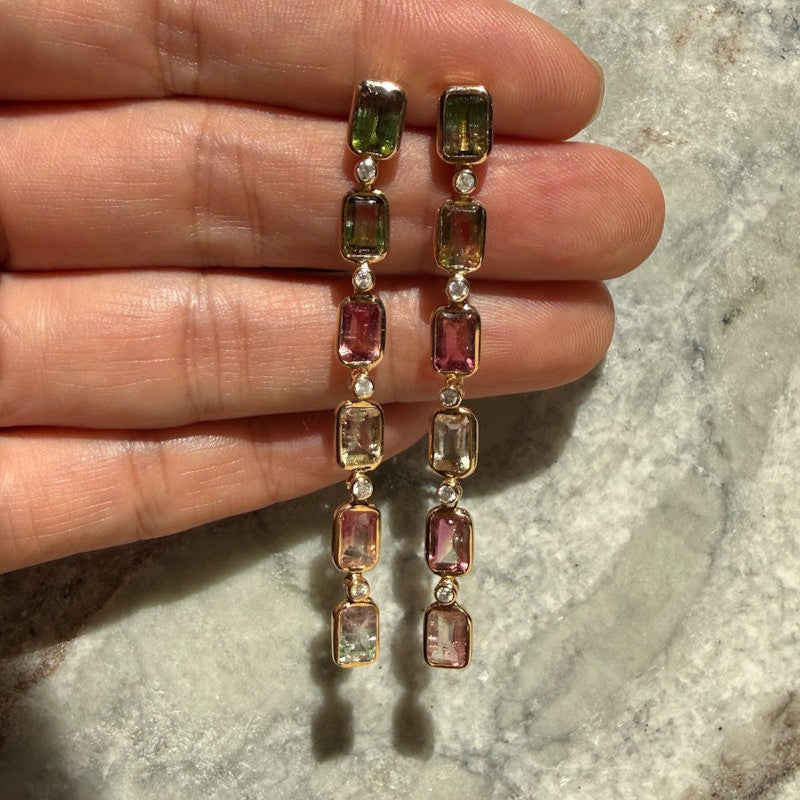 14k Yellow Gold Tourmaline & Diamond Vertical Drop Earrings