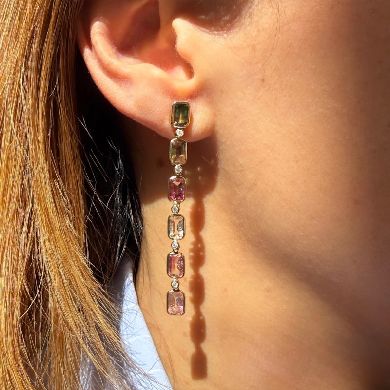 14k Yellow Gold Tourmaline & Diamond Vertical Drop Earrings