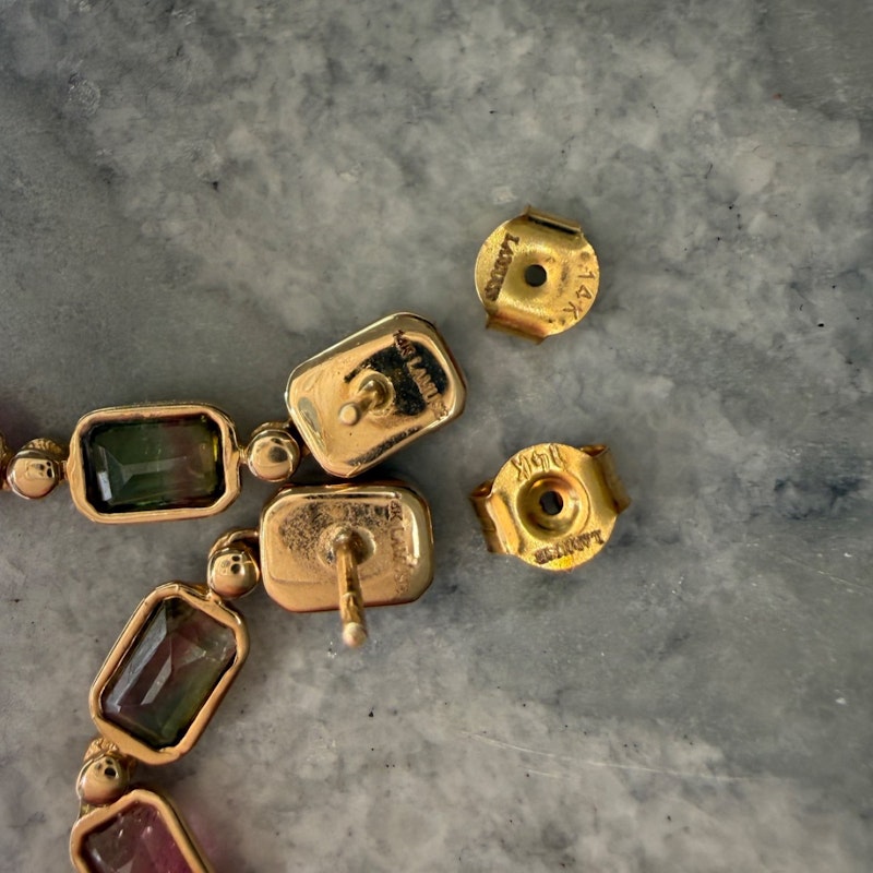 14k Yellow Gold Tourmaline & Diamond Vertical Drop Earrings