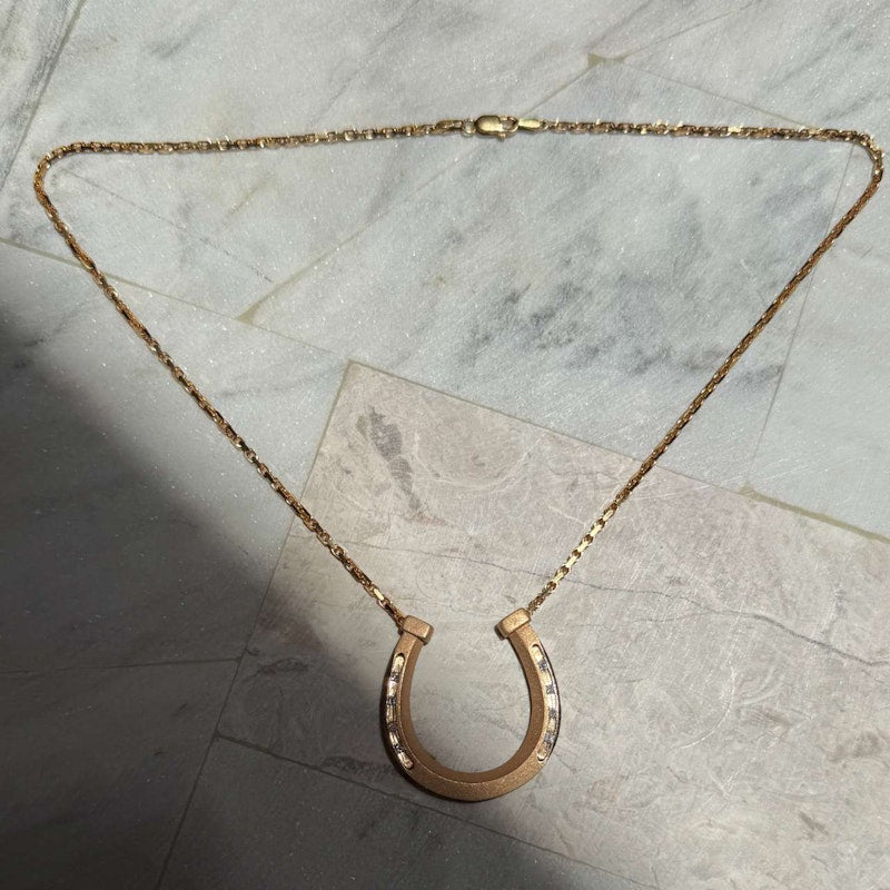 18k Satin Finish Rose Gold Princess-Cut Diamond Horseshoe Necklace