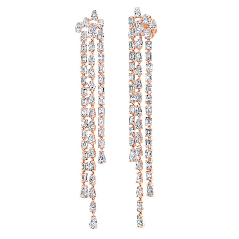 18k Rose Gold Pear & Emerald Cut Diamond Waterfall Drop Earrings