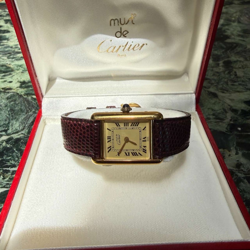 Vintage Cartier Must de Cartier Tank Circa 1970s Vermeil Manual Wind Watch 21 x 28 mm