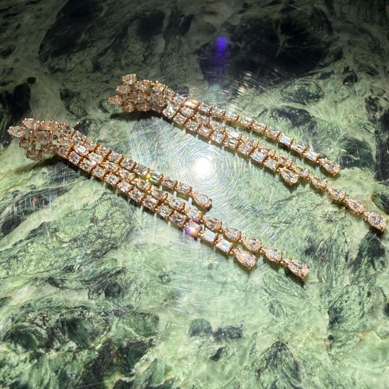 18k Rose Gold Pear & Emerald Cut Diamond Waterfall Drop Earrings