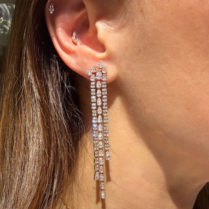 18k Rose Gold Pear & Emerald Cut Diamond Waterfall Drop Earrings