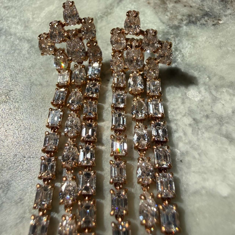 18k Rose Gold Pear & Emerald Cut Diamond Waterfall Drop Earrings