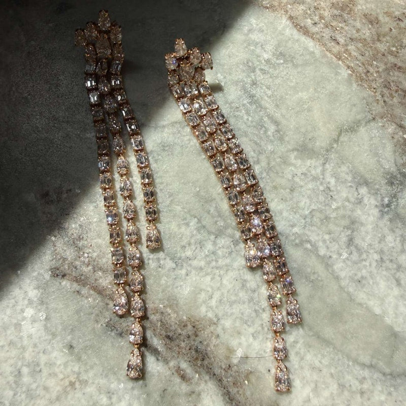 18k Rose Gold Pear & Emerald Cut Diamond Waterfall Drop Earrings