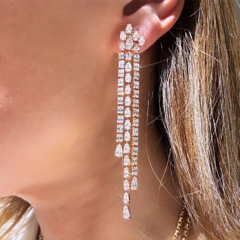 18k Rose Gold Pear & Emerald Cut Diamond Waterfall Drop Earrings