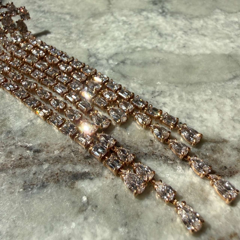 18k Rose Gold Pear & Emerald Cut Diamond Waterfall Drop Earrings