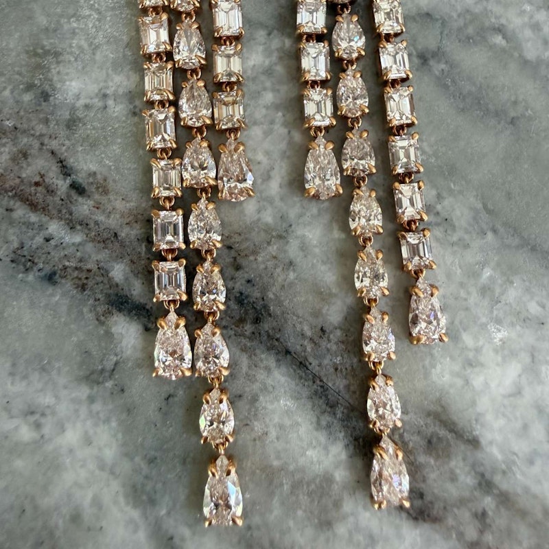 18k Rose Gold Pear & Emerald Cut Diamond Waterfall Drop Earrings