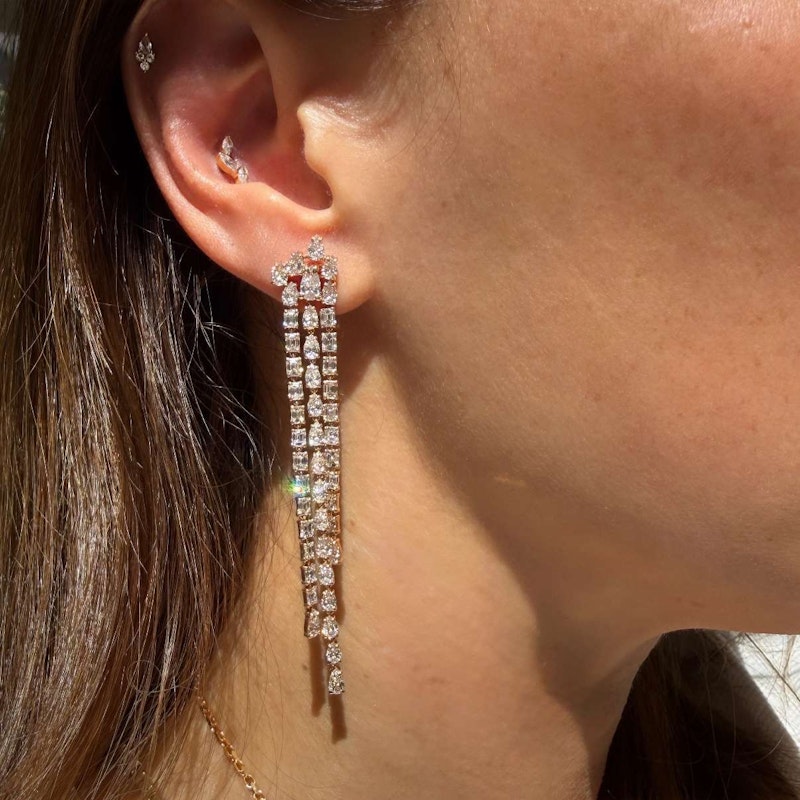 18k Rose Gold Pear & Emerald Cut Diamond Waterfall Drop Earrings