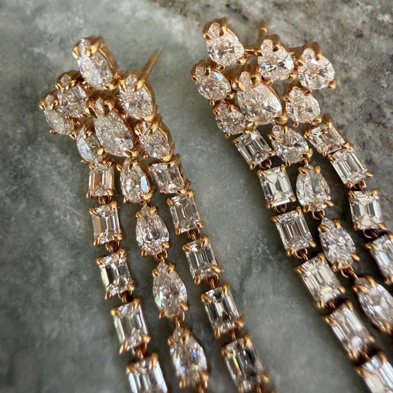 18k Rose Gold Pear & Emerald Cut Diamond Waterfall Drop Earrings