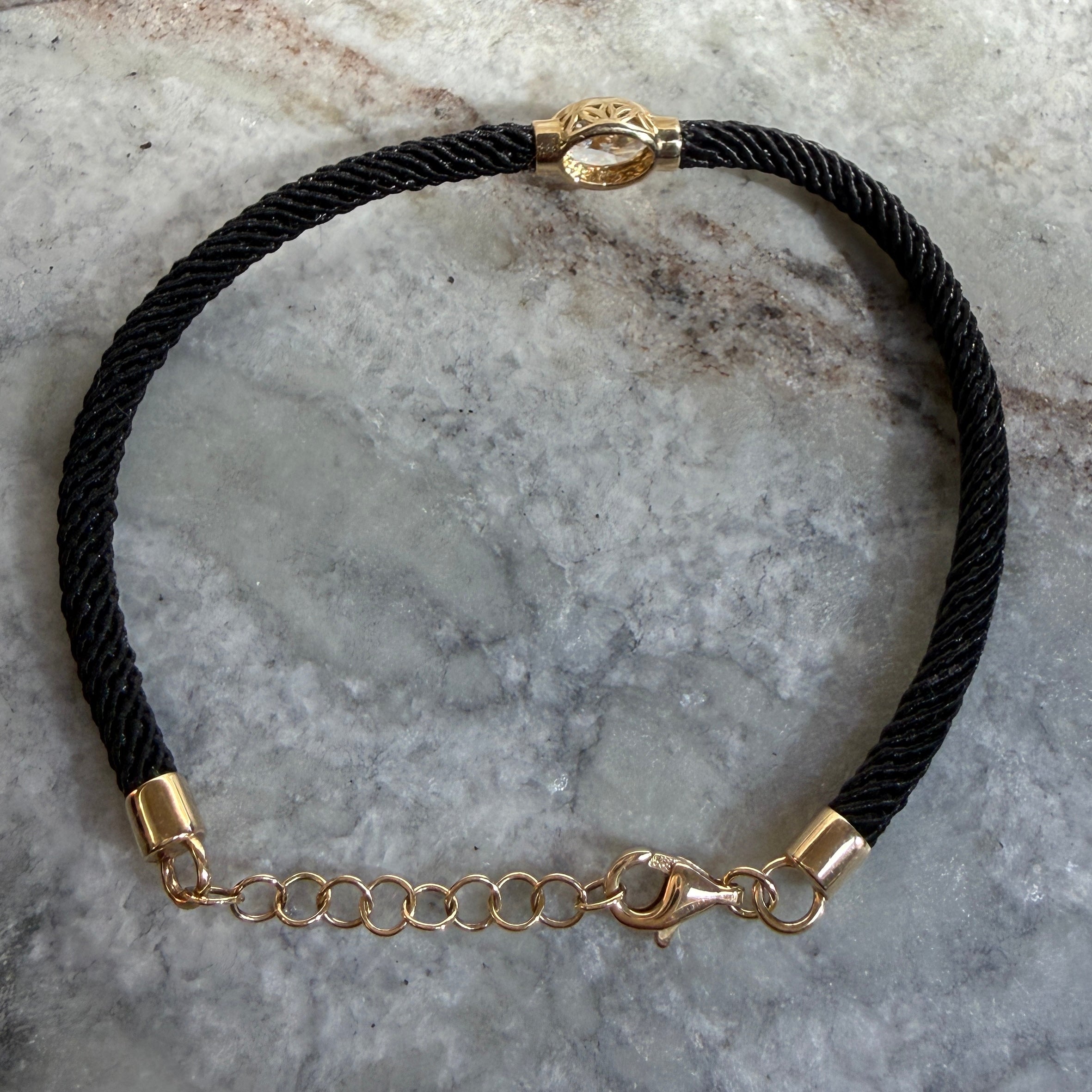 14k Yellow Gold Oval Diamond with Black Silk Chord Bracelet