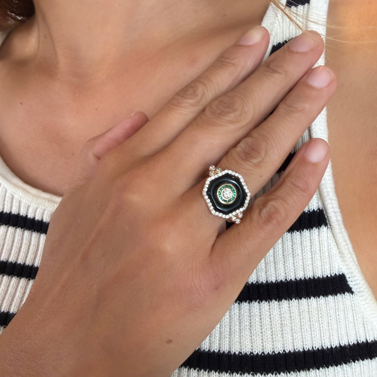 14k Yellow Gold Black Enamel, Emerald & Diamond Octagon Ring