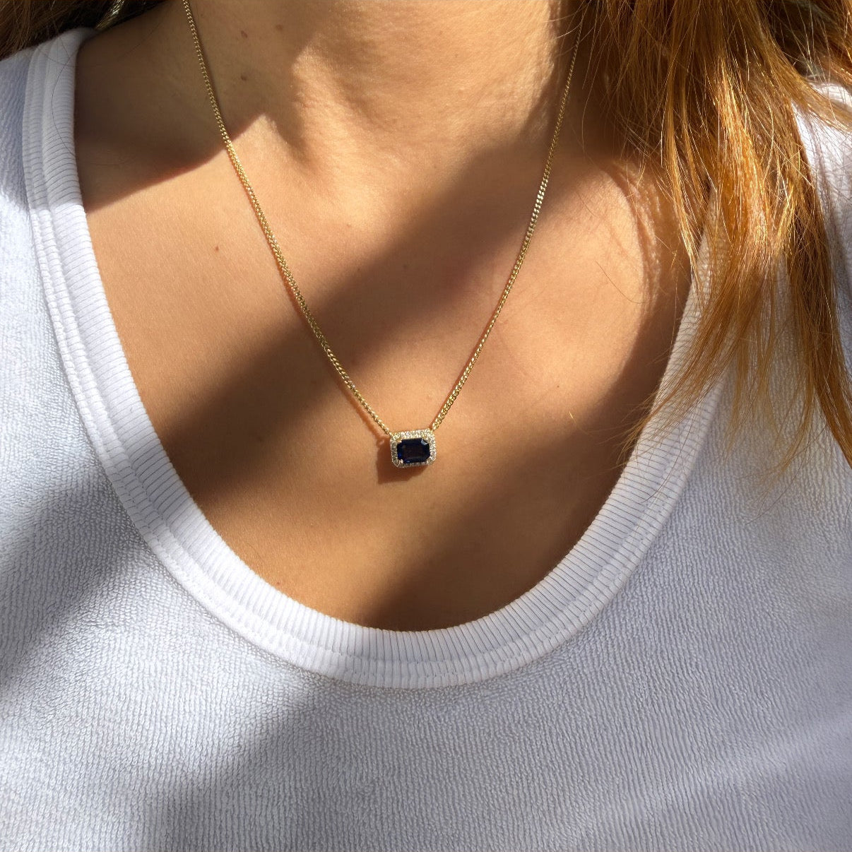 14k Yellow Gold Blue Sapphire & Diamond Pendant Necklace