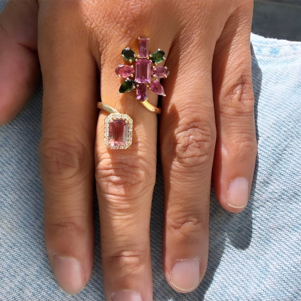 14k Yellow Gold Floral Cluster Tourmaline & Diamond Wrap Ring