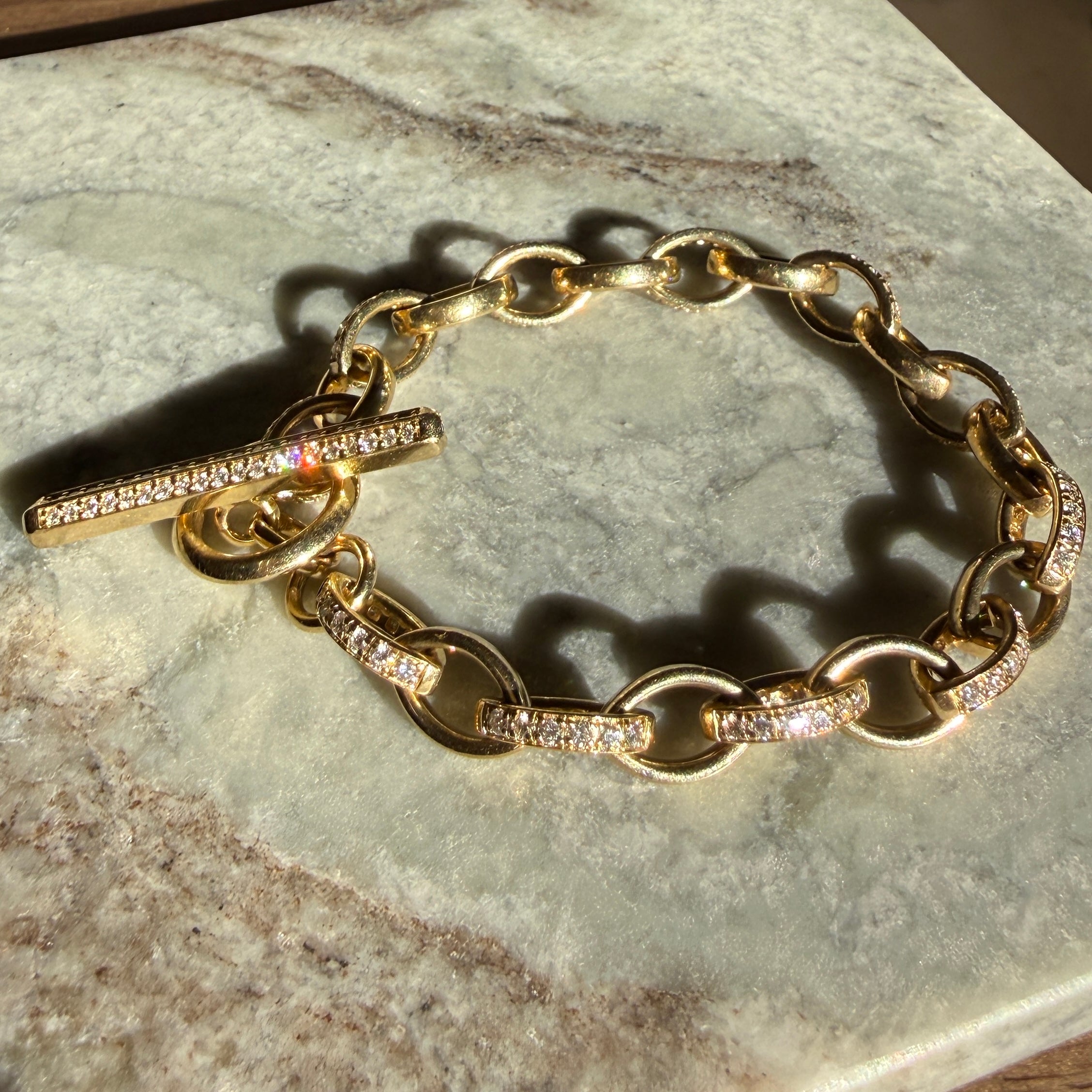 14k Yellow Gold Diamond Marquise Link & Toggle Bracelet
