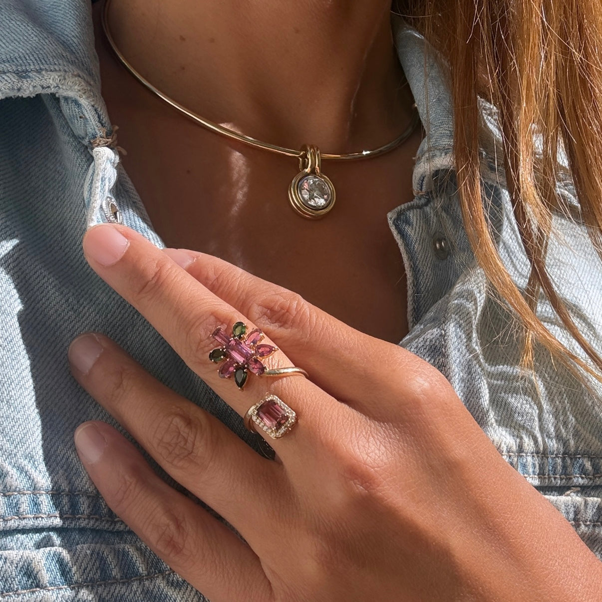 14k Yellow Gold Floral Cluster Tourmaline & Diamond Wrap Ring