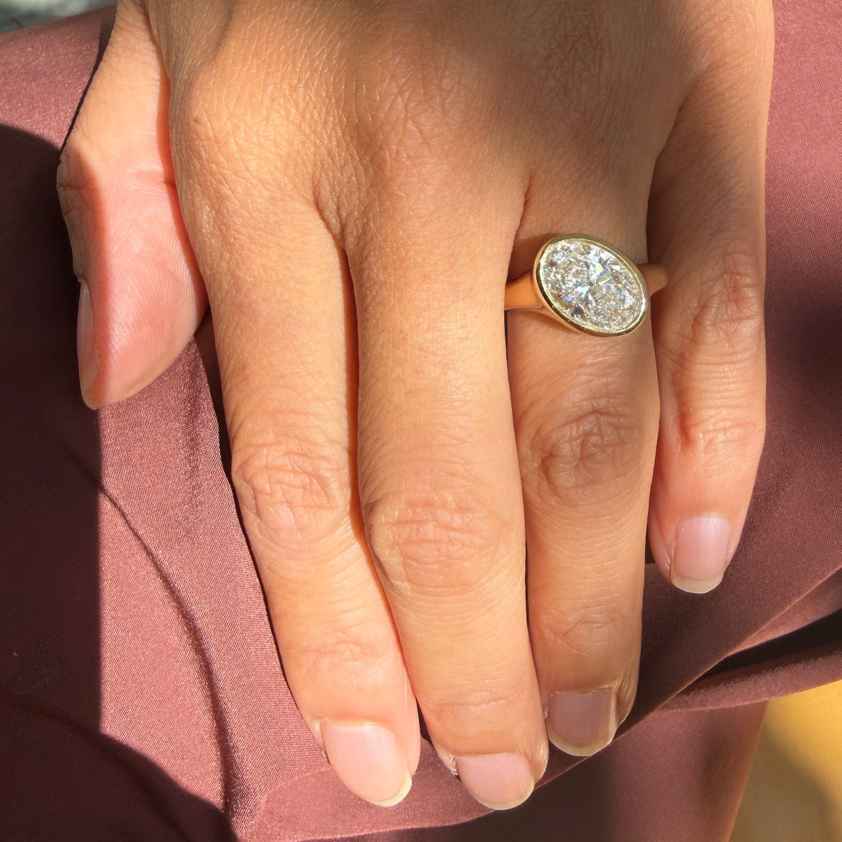 14k Yellow Gold Offset East-West Oval Diamond Ring