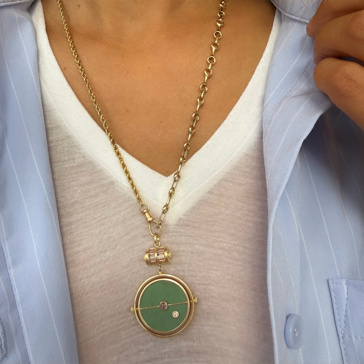 Retrouvai Grandfather Compass Pendant with Green Turquoise and Lotus Garnet