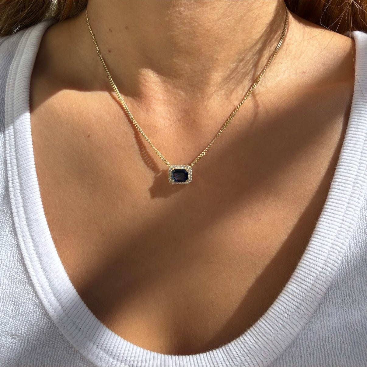 14k Yellow Gold Blue Sapphire & Diamond Pendant Necklace