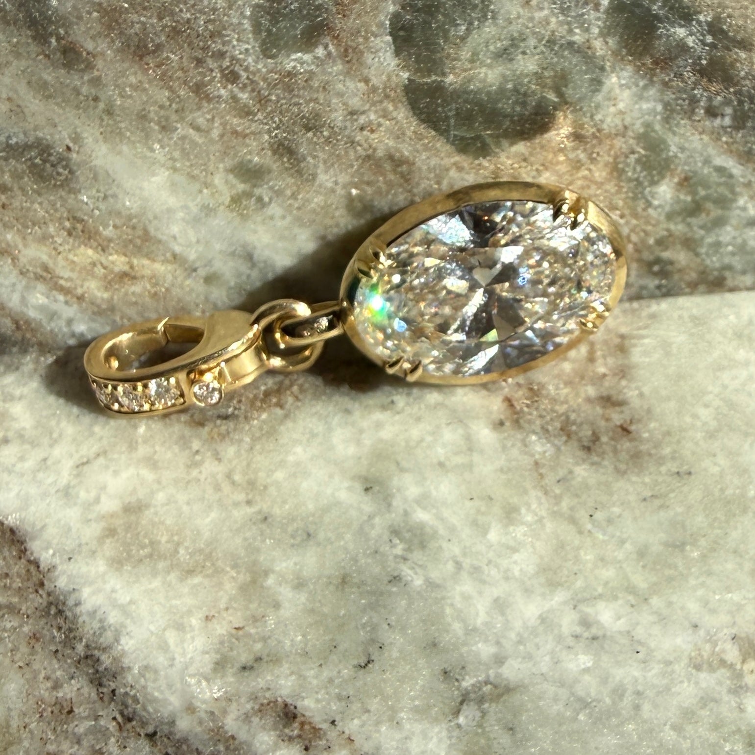 14k Yellow Gold Oval Diamond Charm with Diamond Clasp Bale