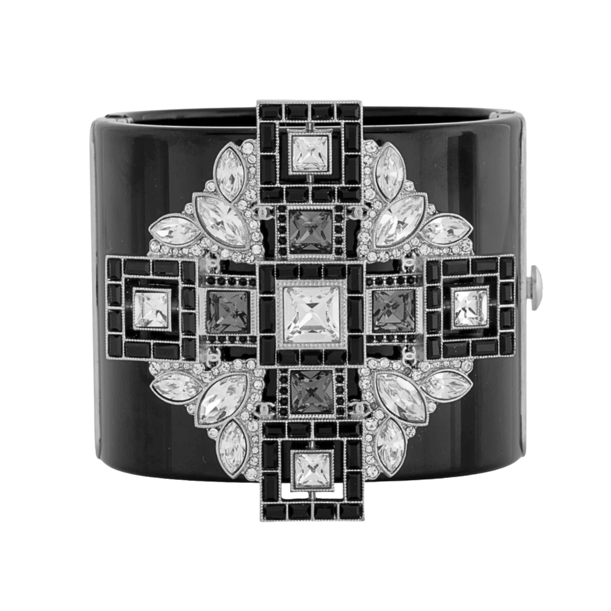 Chanel Black Resin & Crystal Art Deco Cross Hinged Cuff Bracelet