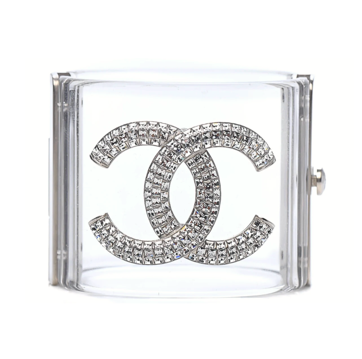 Chanel CC Crystal Studded Clear Lucite Hinged Wide Cuff Bracelet