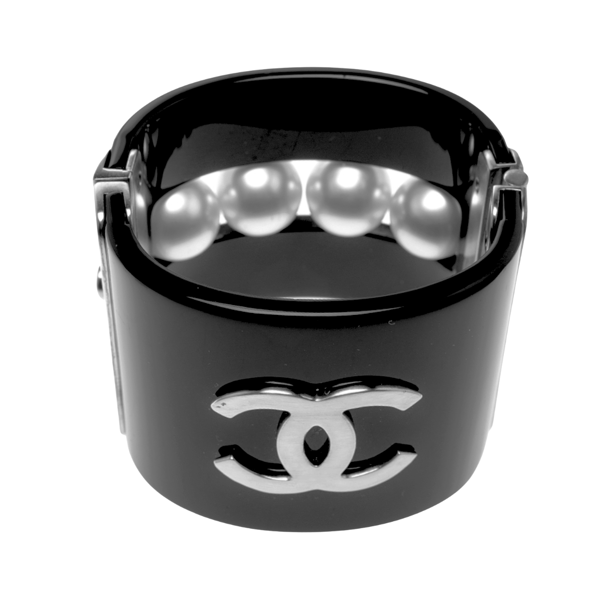 Chanel CC Faux Pearl Black Resin Wide Cuff Bracelet, 2015 Collection