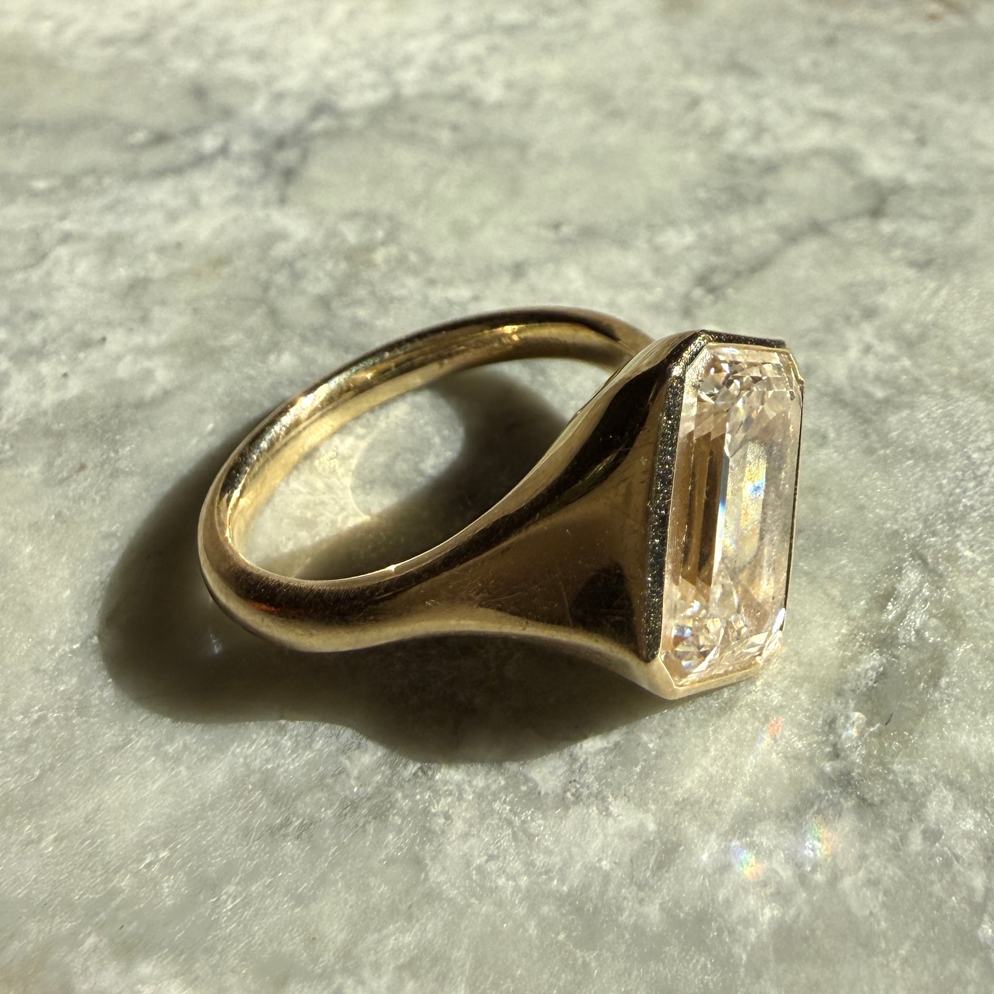 14k Yellow Gold Offset Emerald Cut Diamond Ring