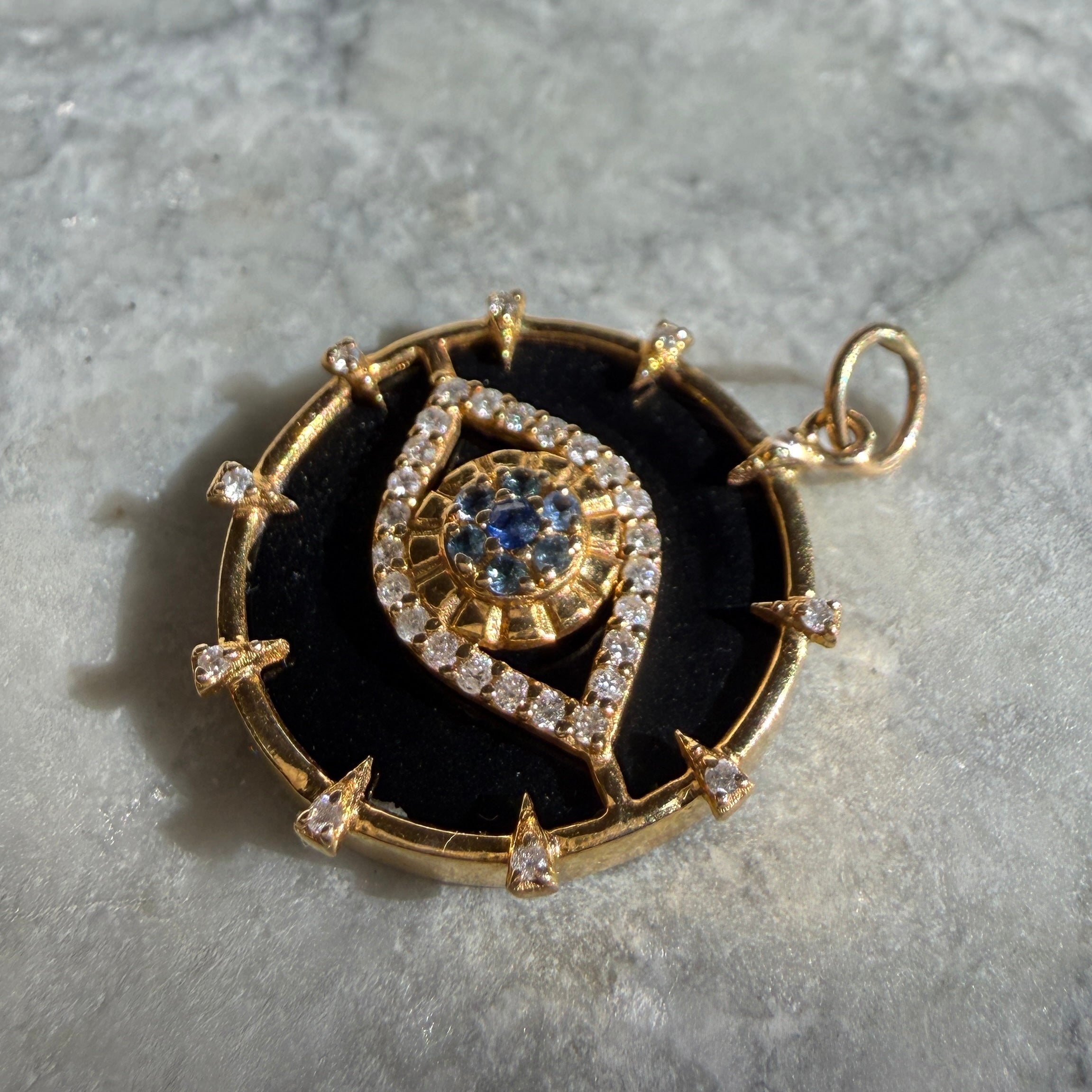 14k Yellow Gold Onyx Evil Eye Diamond & Sapphire Charm