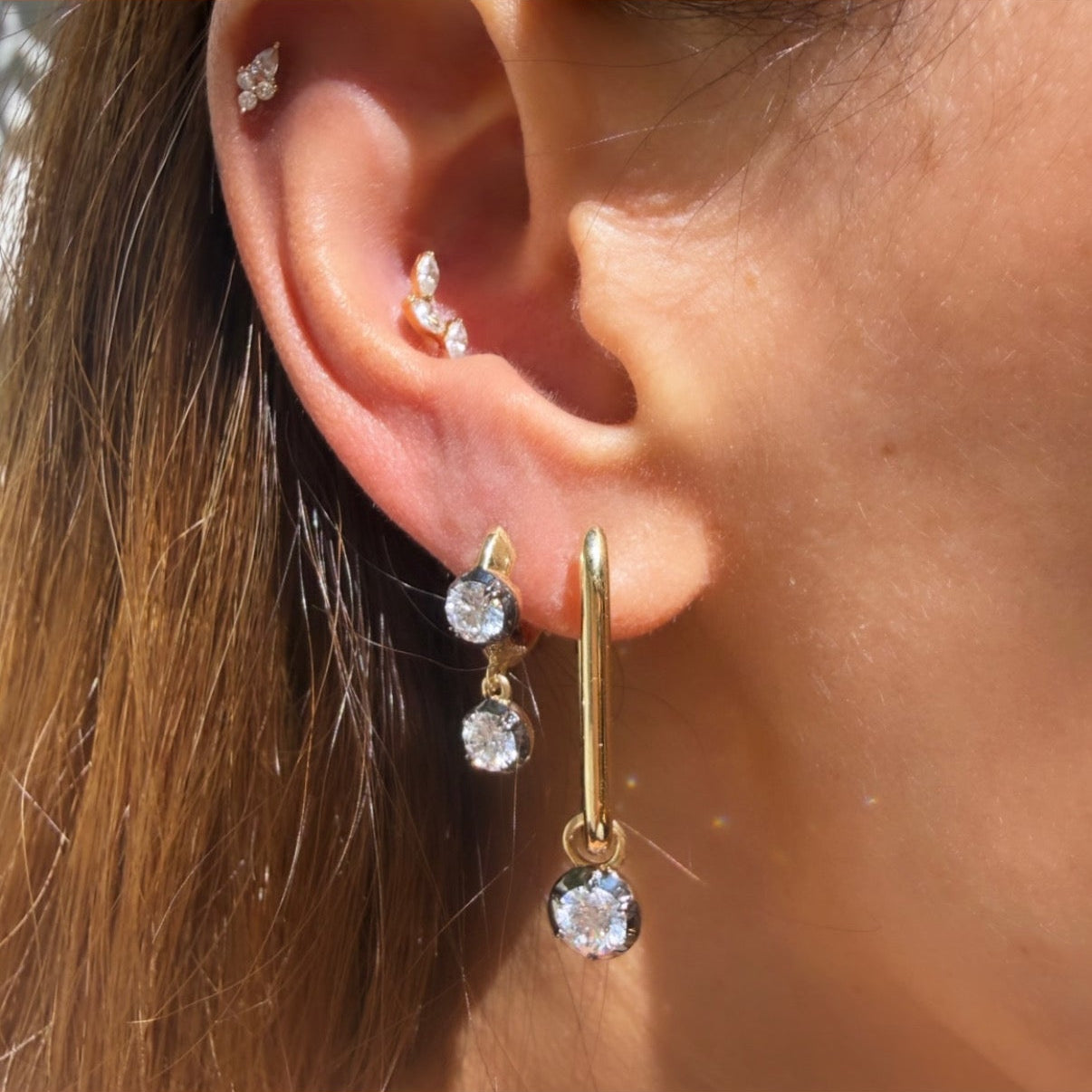 14k Yellow Gold Oval Hoop Earrings with Black Rhodium Round Diamond Drop