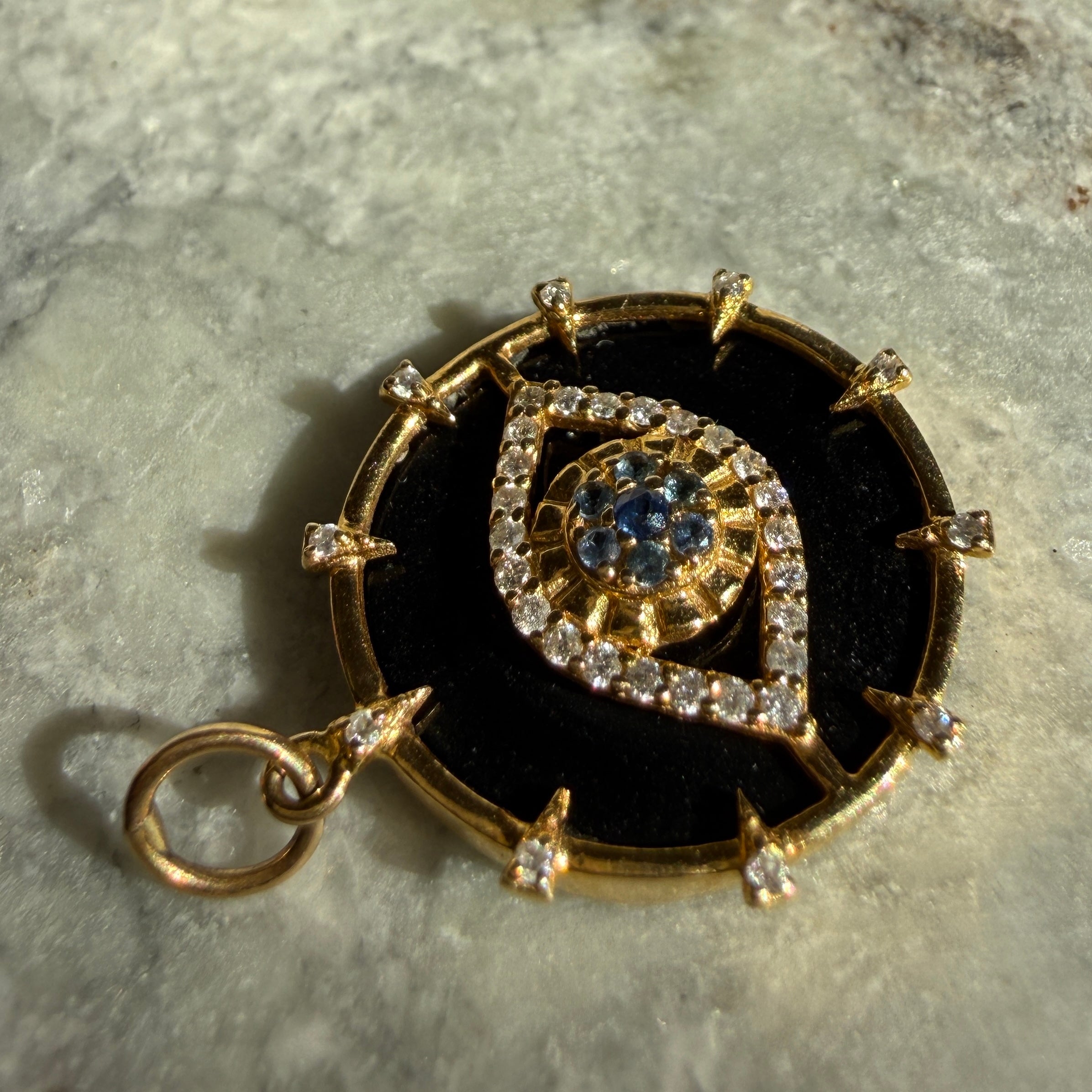 14k Yellow Gold Onyx Evil Eye Diamond & Sapphire Charm