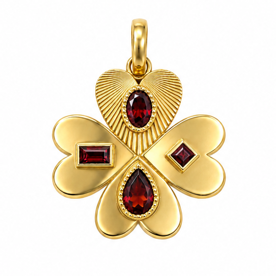 FoundRae Large Four Heart Clover Medallion with Garnet, One-of-a-Kind Discovery Drawer Piece