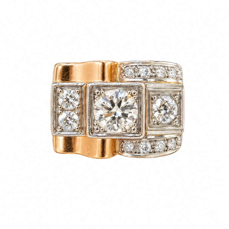 French 1940s Art Deco Diamond Tank Ring Platinum & 18k Gold
