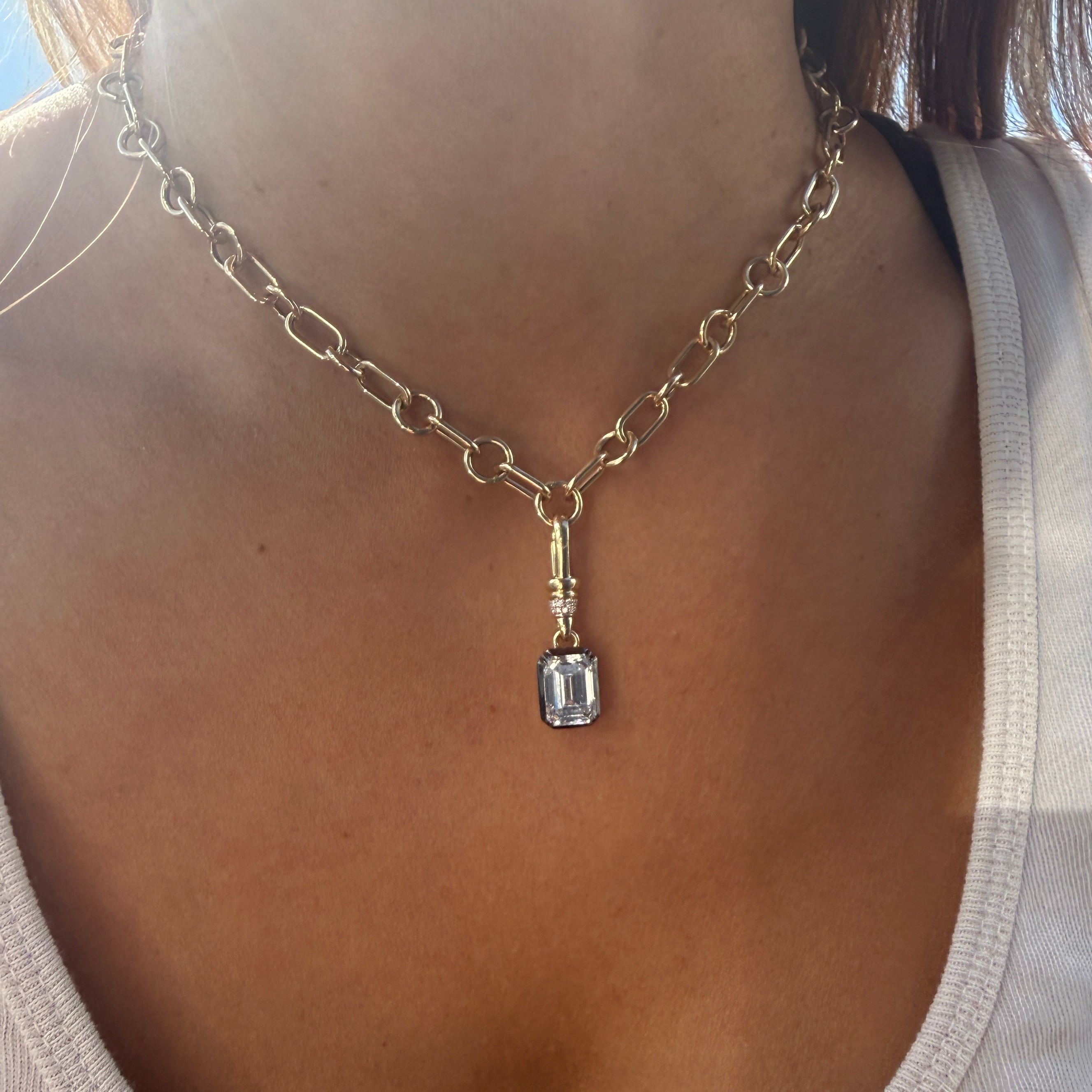 14k Yellow Gold and Black Rhodium Albert Clip Emerald Cut Diamond Charm