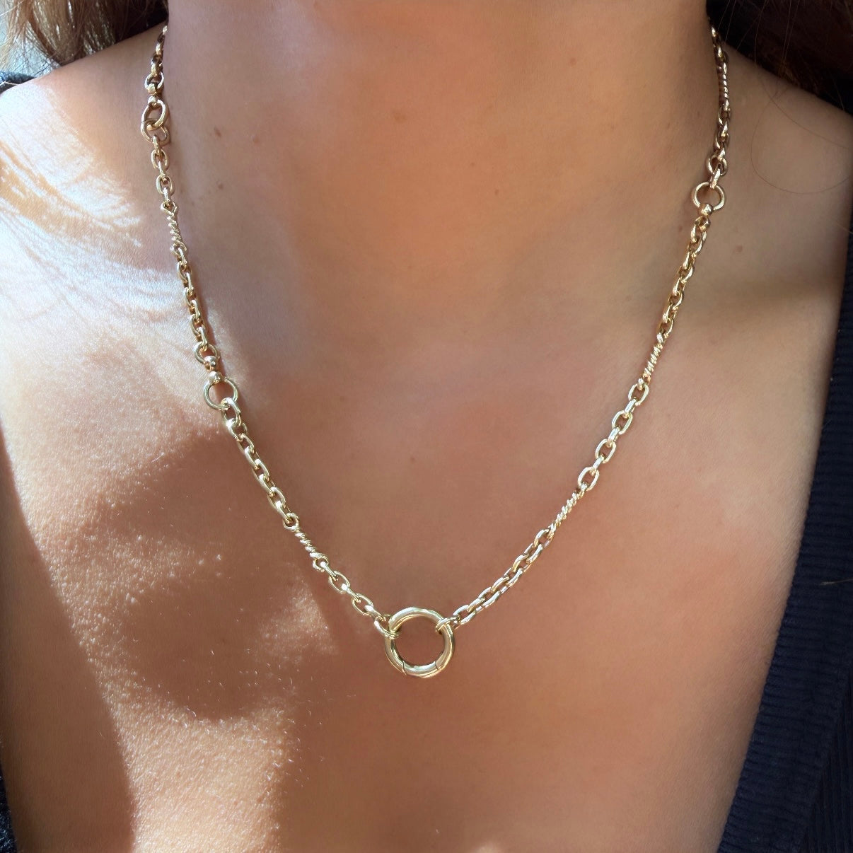 14k Yellow Gold Twisted Link Chain Necklace with Two-Tone Cushion Cut Diamond Pendant