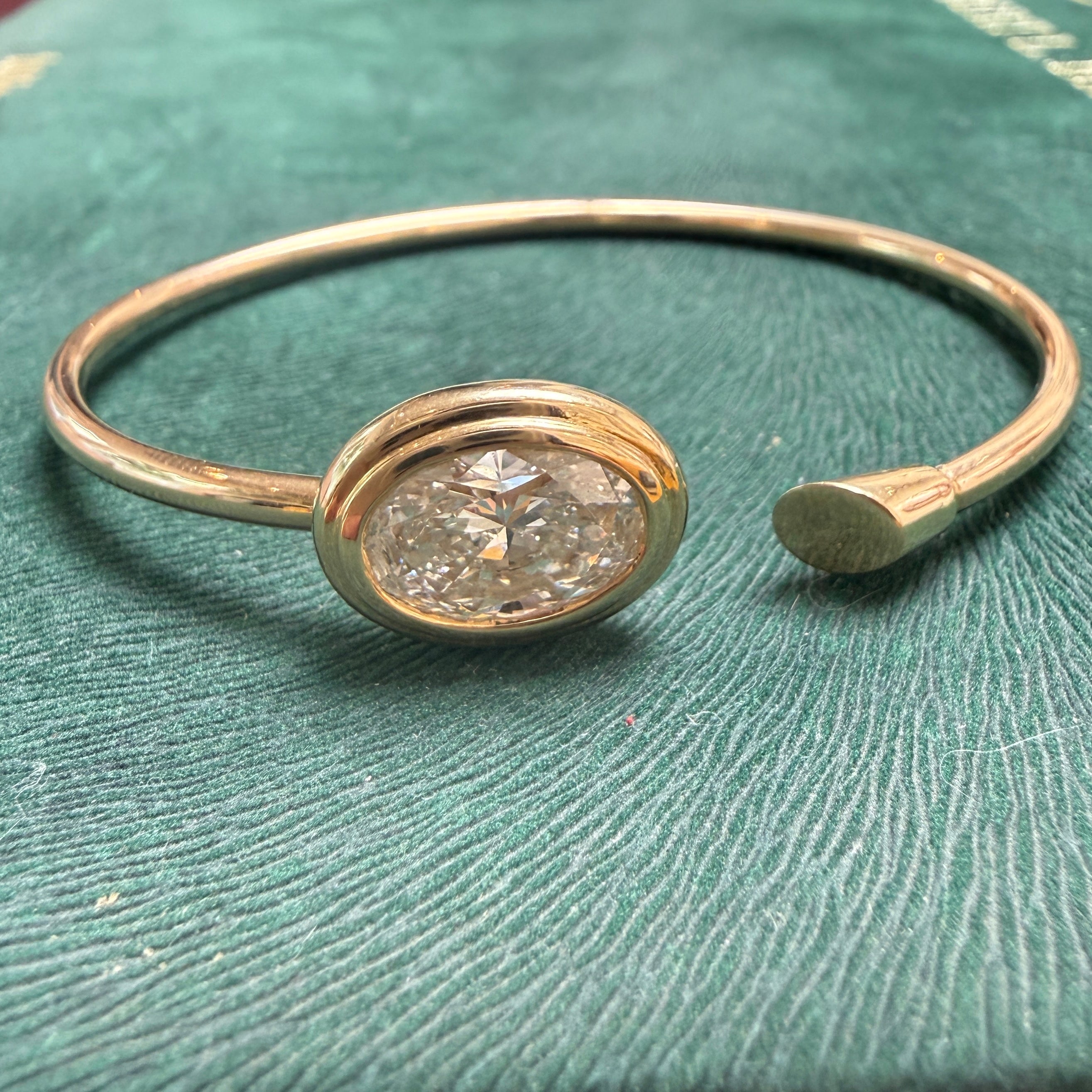 14k Yellow Gold Oval Diamond Open Cuff Bangle