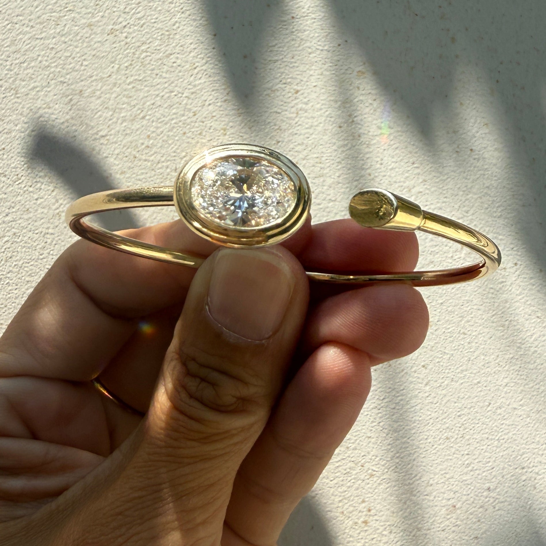 14k Yellow Gold Oval Diamond Open Cuff Bangle