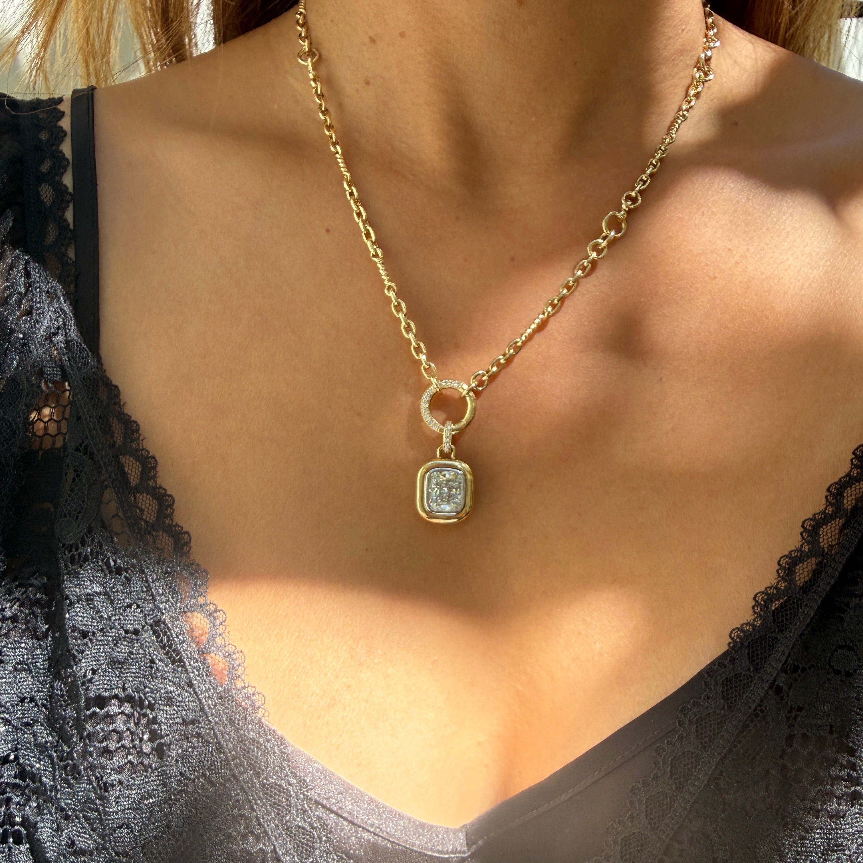 14k Yellow Gold Twisted Link Chain Necklace with Two-Tone Cushion Cut Diamond Pendant
