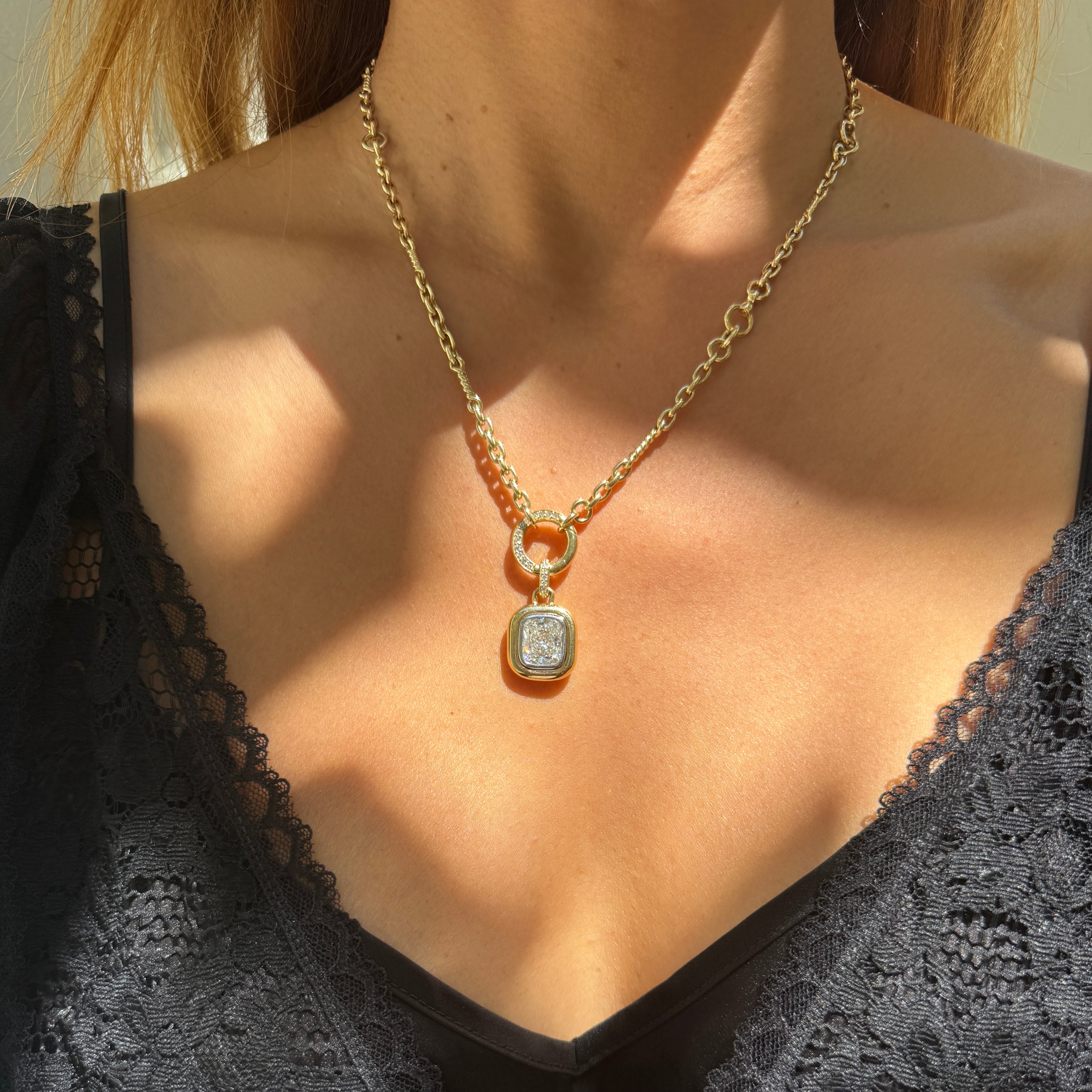 14k Yellow Gold Twisted Link Chain Necklace with Two-Tone Cushion Cut Diamond Pendant