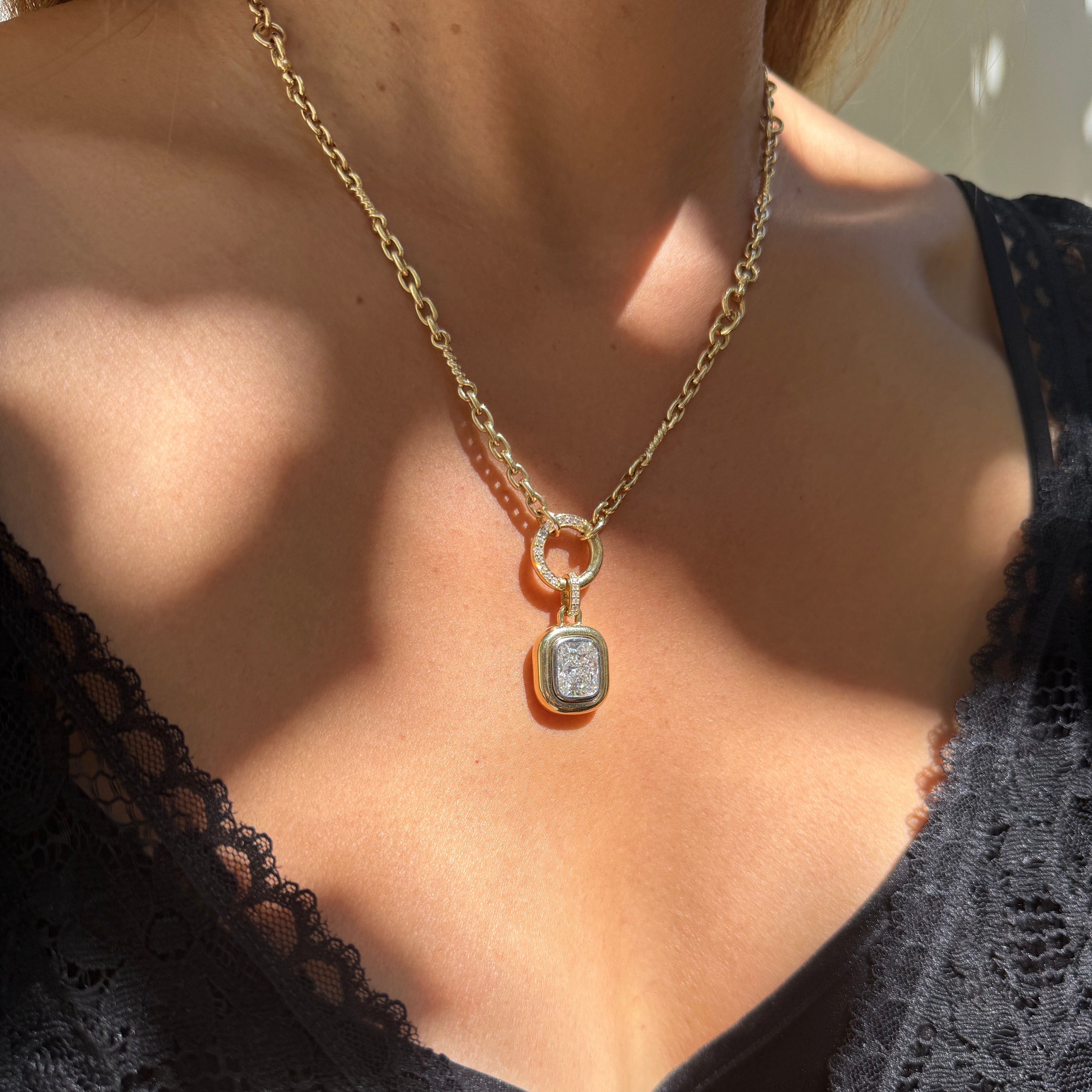 14k Yellow Gold Twisted Link Chain Necklace with Two-Tone Cushion Cut Diamond Pendant