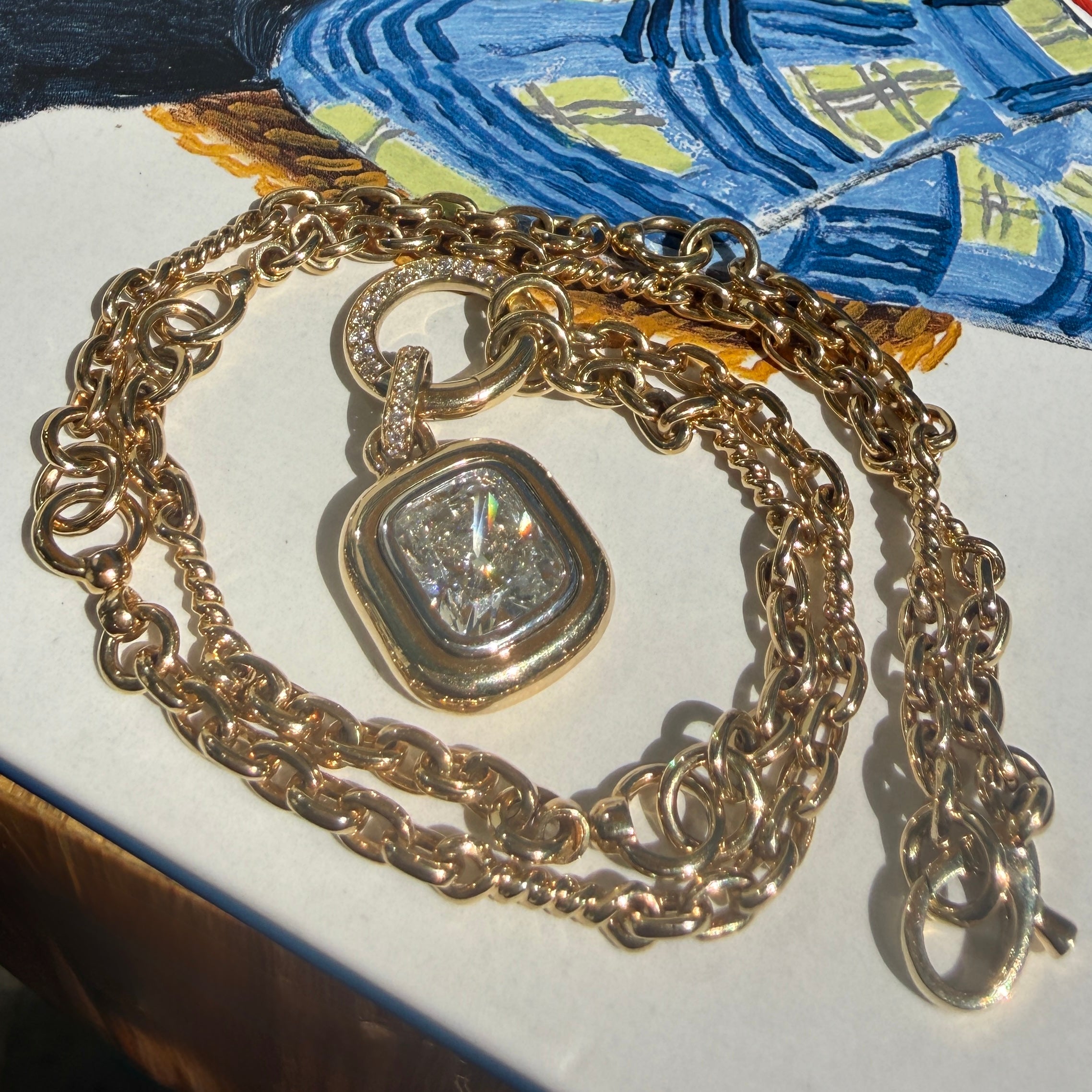 14k Yellow Gold Twisted Link Chain Necklace with Two-Tone Cushion Cut Diamond Pendant