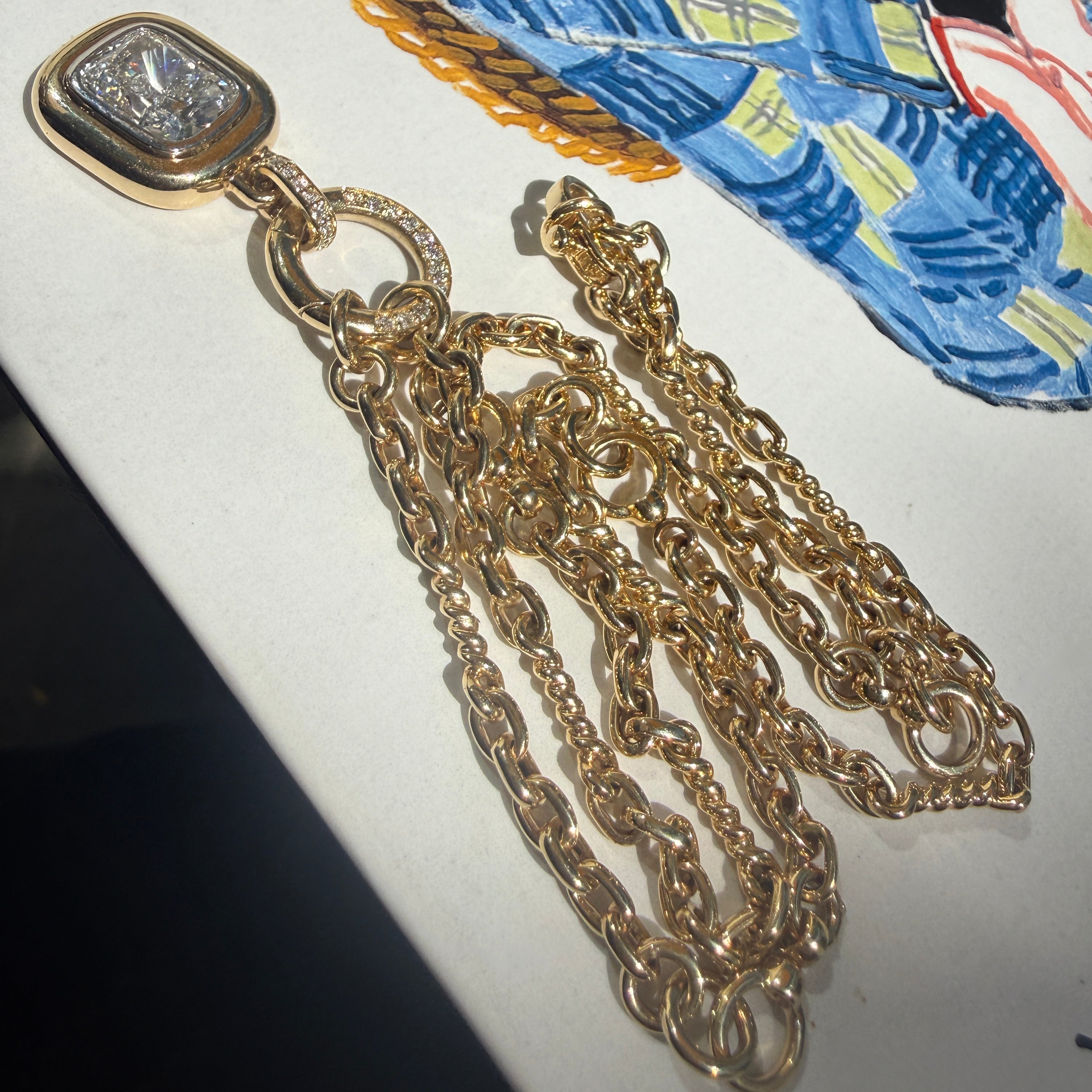 14k Yellow Gold Twisted Link Chain Necklace with Two-Tone Cushion Cut Diamond Pendant