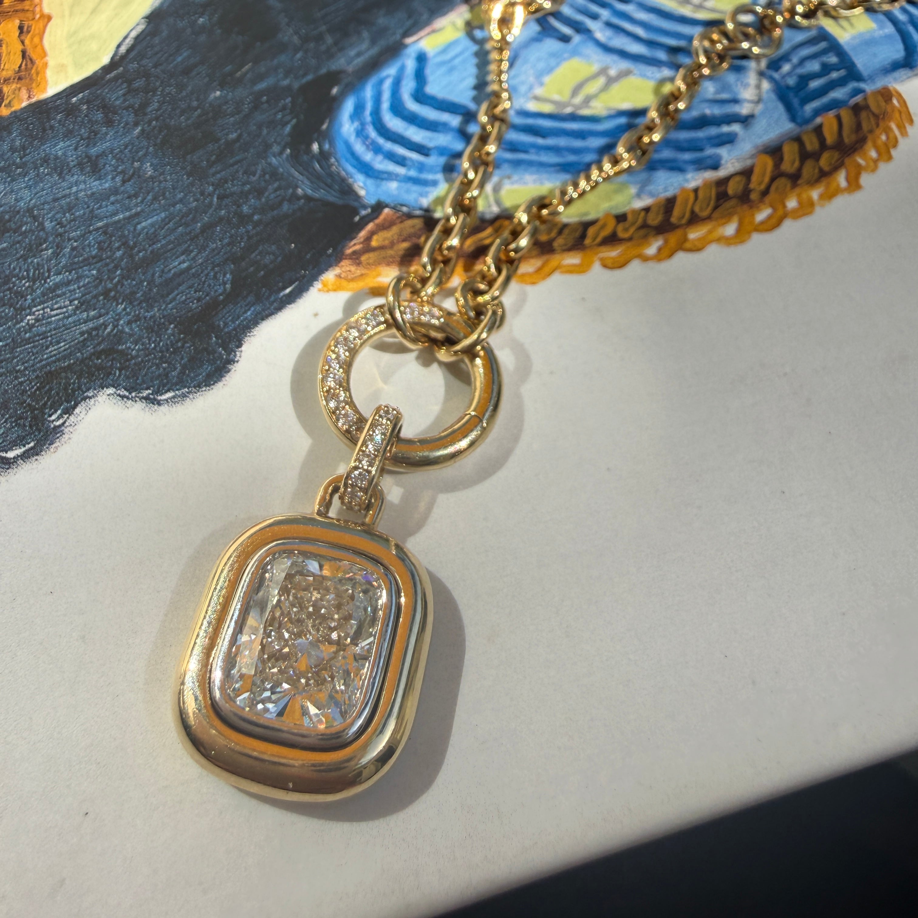 14k Yellow Gold Twisted Link Chain Necklace with Two-Tone Cushion Cut Diamond Pendant
