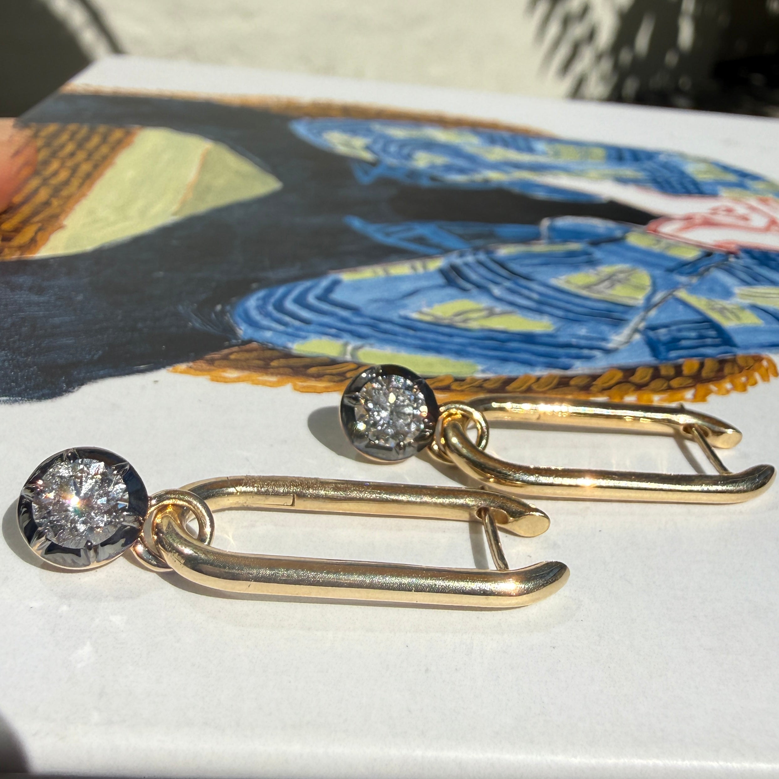 14k Yellow Gold Oval Hoop Earrings with Black Rhodium Round Diamond Drop