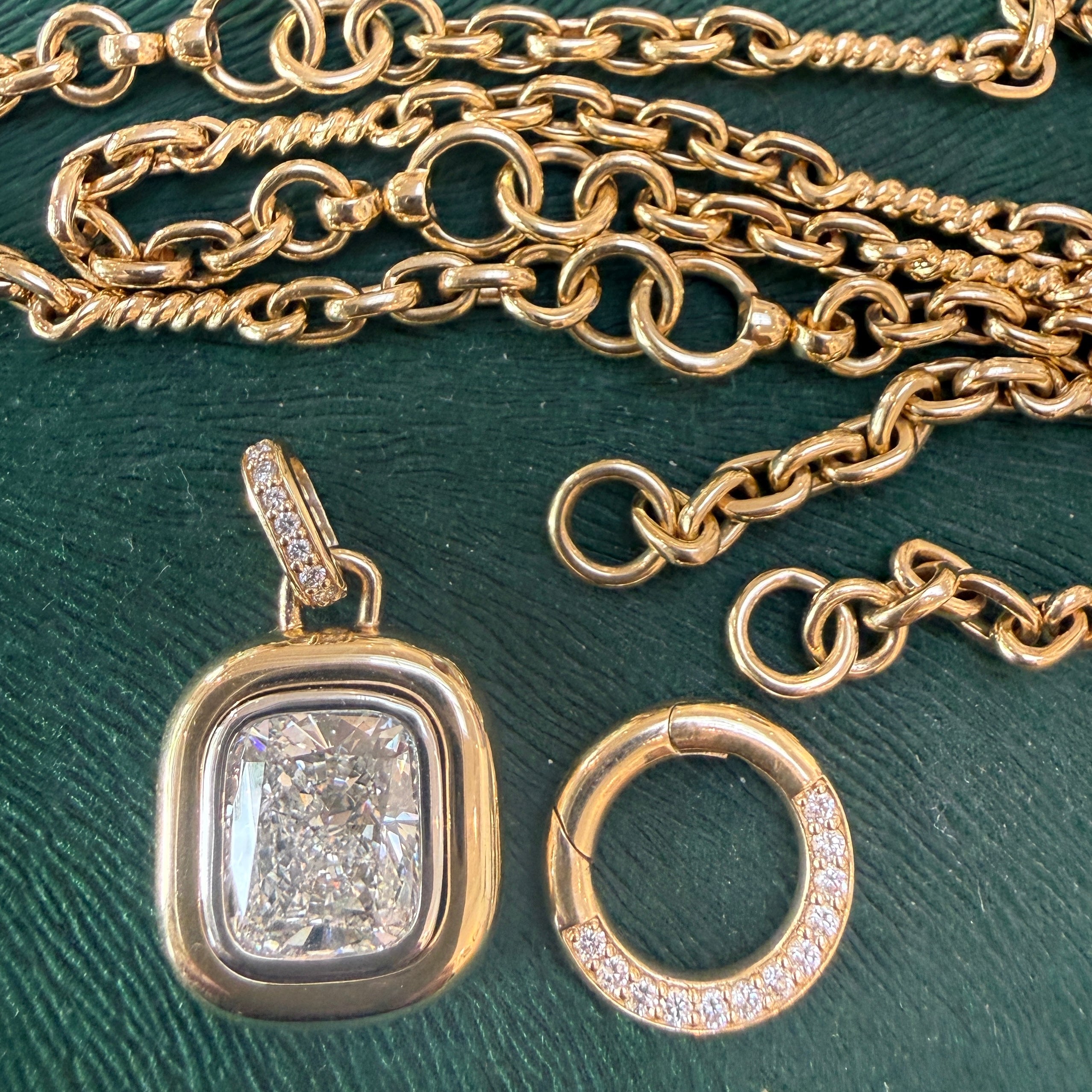14k Yellow Gold Twisted Link Chain Necklace with Two-Tone Cushion Cut Diamond Pendant