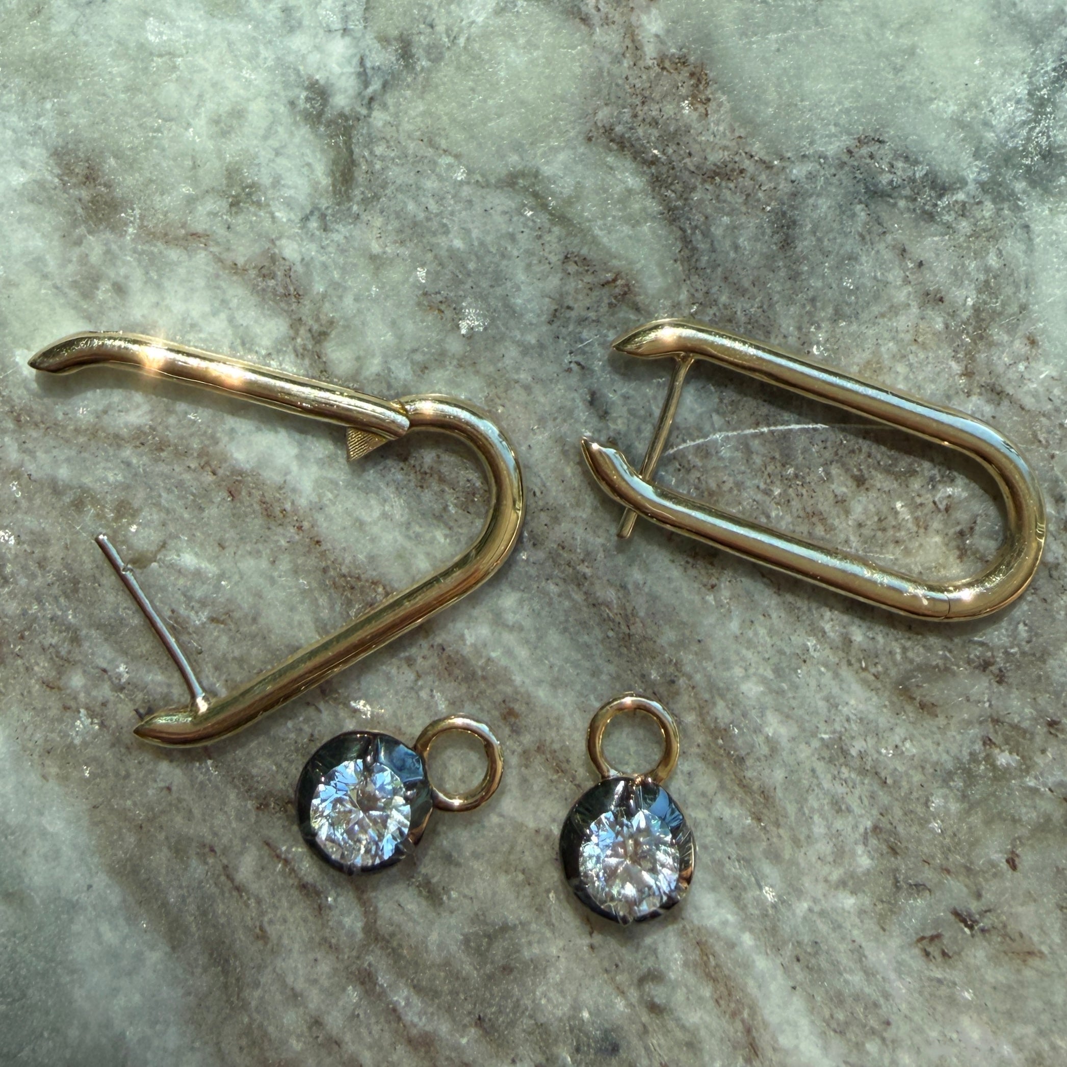14k Yellow Gold Oval Hoop Earrings with Black Rhodium Round Diamond Drop