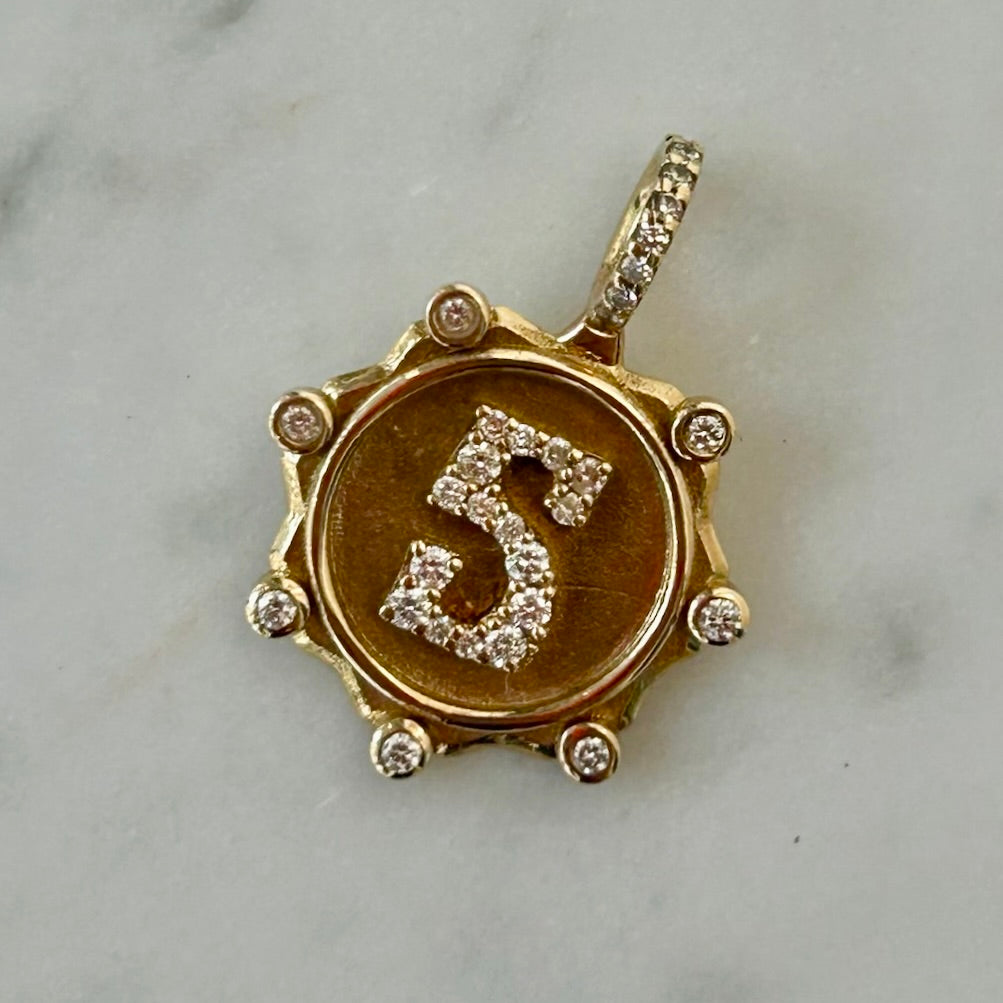 Marlo Laz Diamond Pavé Alphabet "S" Coin Charm in 14k Gold